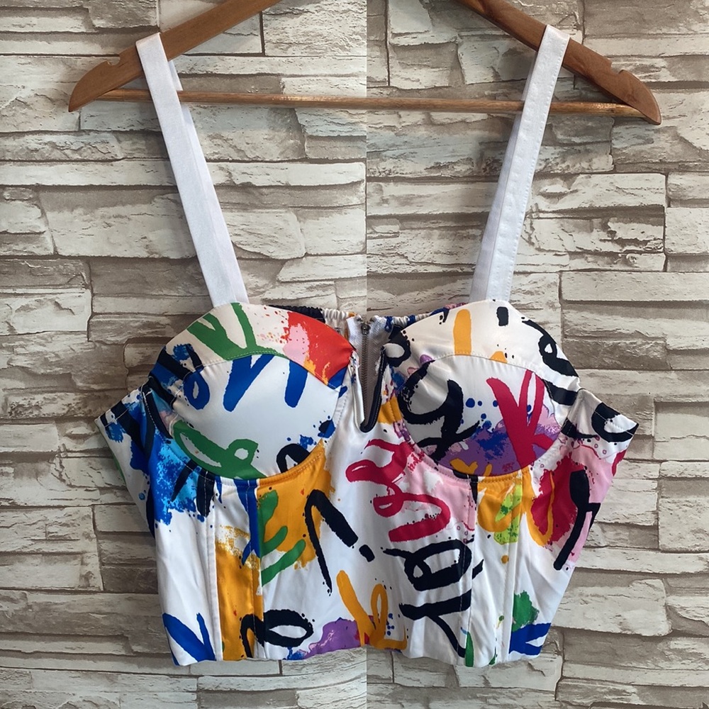 White Multi-Color Graffiti Print Bustier Top
